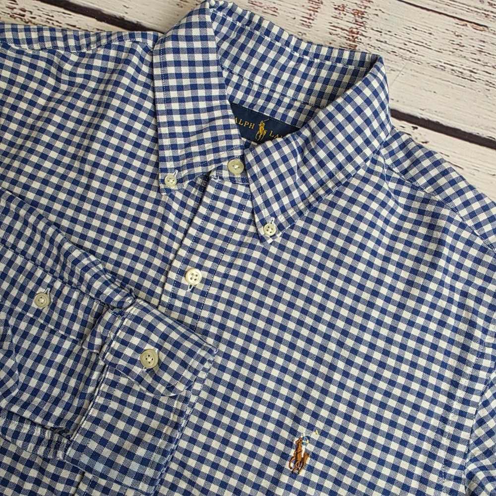 Ralph Lauren Mens Medium Blue White Gingham Check Button Down Shirt Long Sleeve